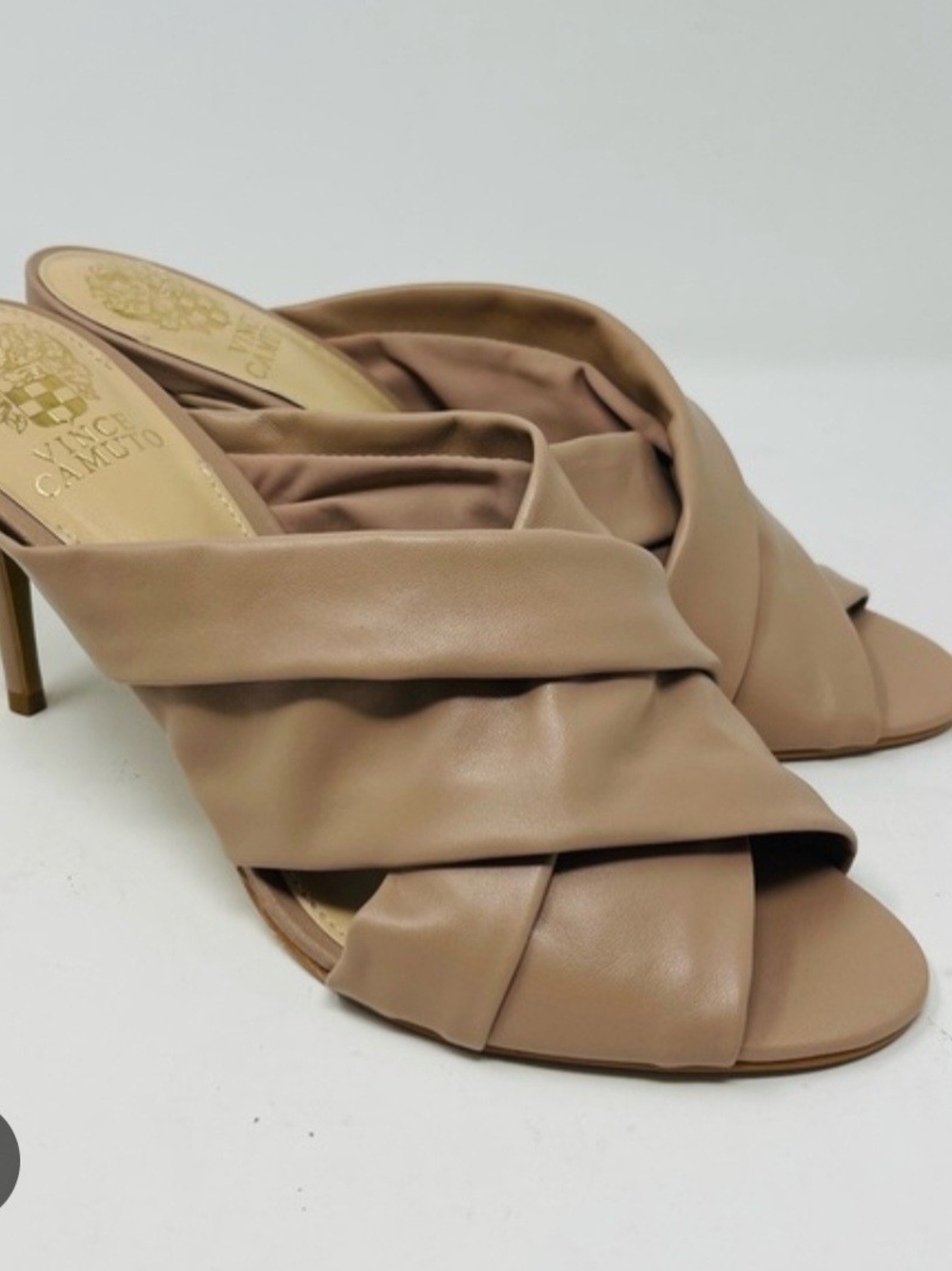 Vince Camuto Taupe Twisted Leather Mule Heels